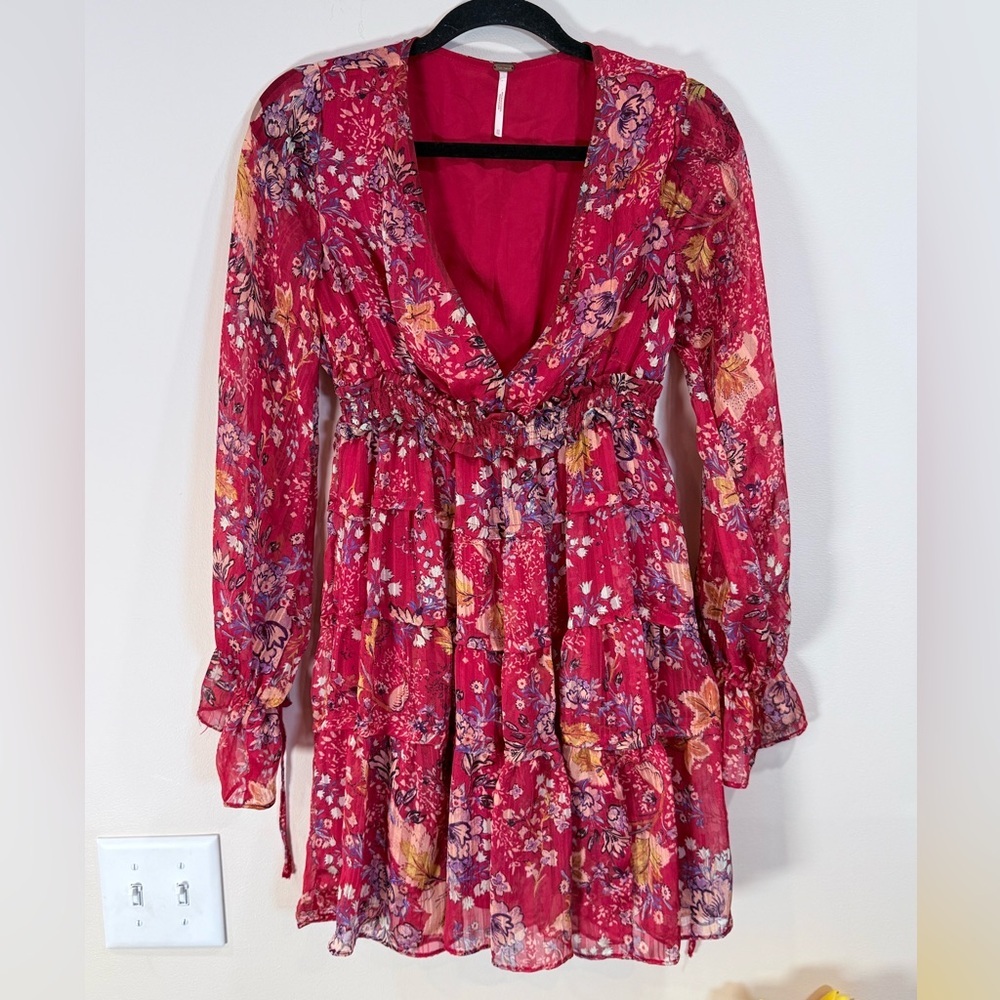 🔥NWOT Free People Floral Deep V Tiered Ruffle Mini Dress Red Size XS🔥